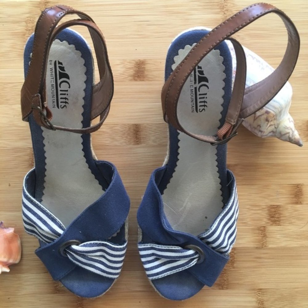 White Mountain Navy Blue & White Espadrille Wedges - Size 9